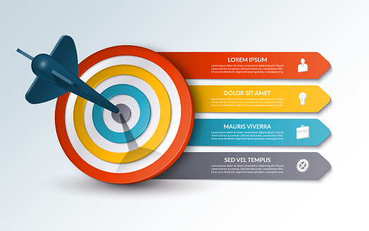 Target infographic template with 4 steps, options. Vector banner with target, dart and four arrows with place for text and icons. Can be used for chart, diagram, business presentation, brochure.