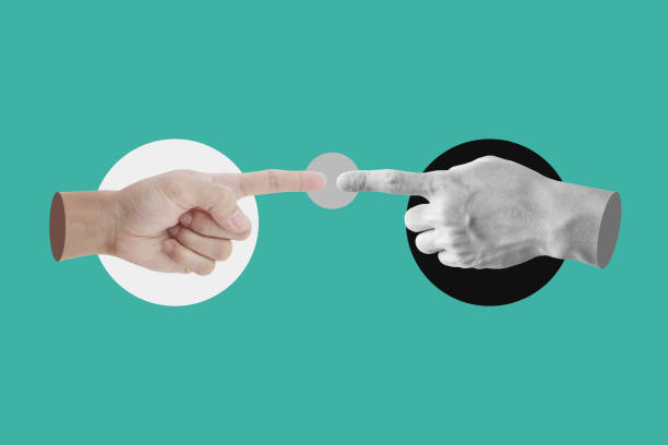 istock Digital collage modern art. Hands pointing finger 1370446009