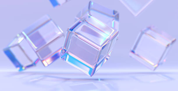 cubes ou blocs de cristal irisés sur fond de géométrie abstraite violette, effet de réfraction des rayons dans le verre. boîtes carrées transparentes arc-en-ciel en lumière de dispersion, papier peint moderne, illustration de rendu 3d - crystal refraction glass light photos et images de collection