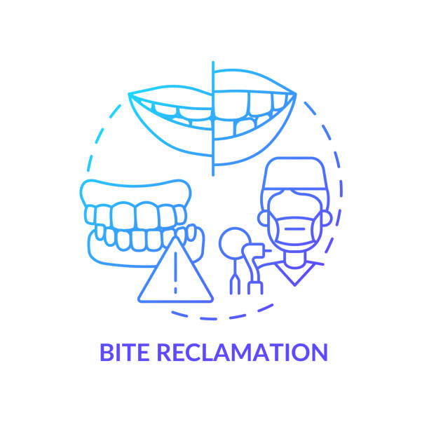 Bite reclamation blue gradient concept icon Bite reclamation blue gradient concept icon. Aesthetic dentistry abstract idea thin line illustration. Jaw alignment. Oral health improvement. Isolated outline drawing. Myriad Pro-Bold font used aligners icon stock illustrations
