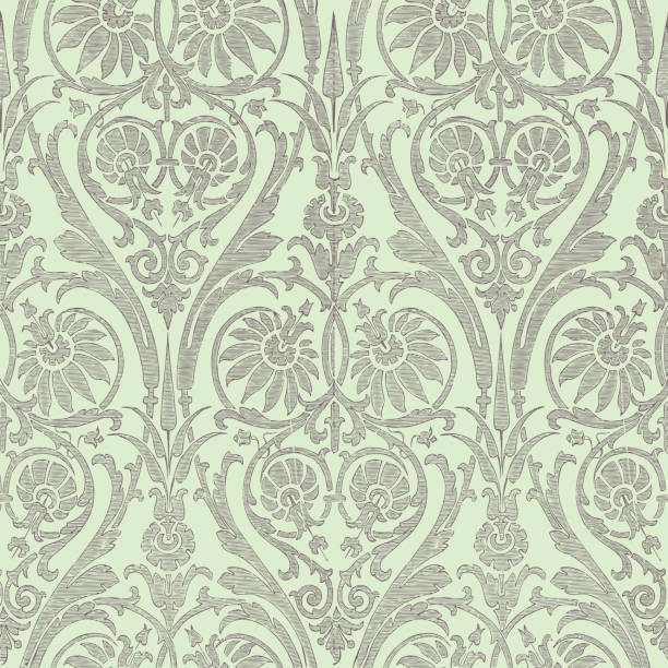 ilustrações, clipart, desenhos animados e ícones de floral damask padrão perfeito. fundo filigrana vintage, repetindo delinear folhagens de flores cinzas. decoração de moda vitoriana. papel de parede de ornamento antigo, tecido, papel de embrulho. ilustração vetorial - seamless paisley floral pattern pattern