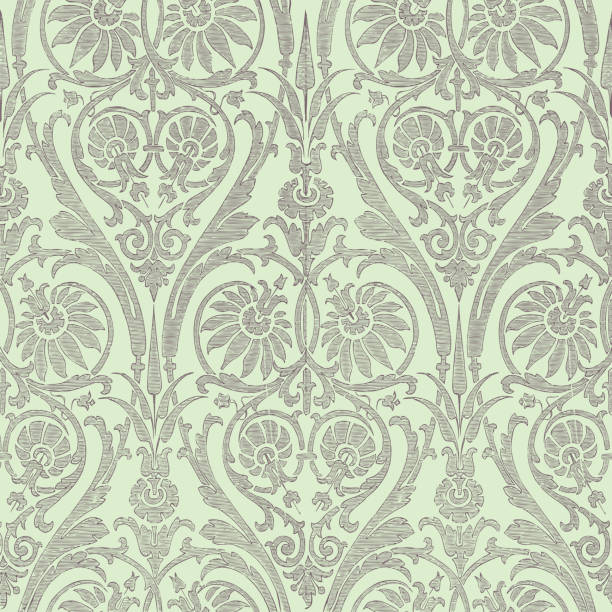 Floral Damask seamless pattern. Vintage filigree background, repeating outline grey flowers foliage. Victorian fashion decor. Antique ornament wallpaper, fabric, wrapping paper. Vector illustration Floral Damask seamless pattern. Vintage filigree background, repeating outline grey flowers foliage. Victorian fashion decor. Antique ornament wallpaper, fabric, wrapping paper. Vector illustration damask stock illustrations