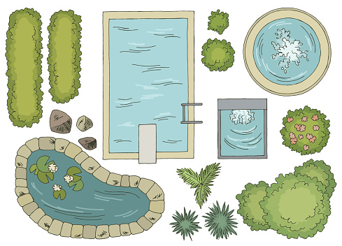 Landscape architect design element set graphic color top sketch aerial view illustration vector