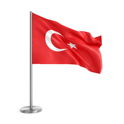 Flag of Republic of Turkey isolated on white. 3D illustration of national Turkish flag