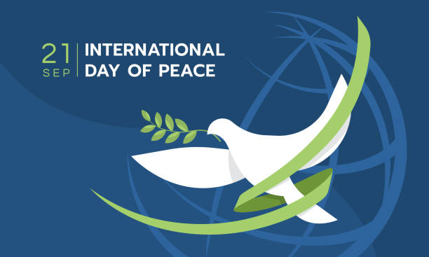 international day of peace - the white peace dove flying with green ribbon roll around on blue line globle texture background vector design - 寧靜 幅插畫檔、美工圖案、卡通及圖標