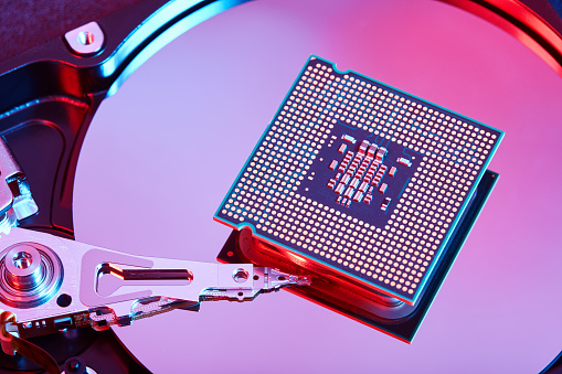 Computer hard disk drive HDD and micro proseccor. Global chip shortage concept