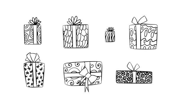 ilustrações, clipart, desenhos animados e ícones de caixas de presente collection - craft ribbon flower black