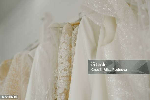 Wedding Salon With Designer Dresses Beautiful Designer Dresses Stock Photo - Download Image Now