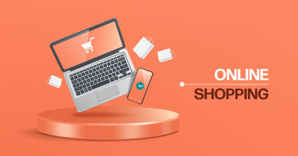 computer laptop and a mobile phone with an order confirmation icon on the screen floating in the air computer laptop with shopping cart icon on screen and a mobile phone with an order confirmation icon on the screen floating in the air above round podium,vector 3d isolated on pastel orange background e commerce stock illustrations