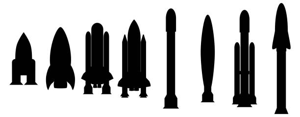 Black spaceships on a white background. Silhouettes of heavy rocket and space shuttles. Two-stage rocket launch vehicle. Rocket design for posters, banners and promotional items. Vector illustration Black spaceships on a white background. Silhouettes of heavy rocket and space shuttles. Two-stage rocket launch vehicle. Rocket design for posters, banners and promotional items. Vector illustration rocketship silhouettes stock illustrations