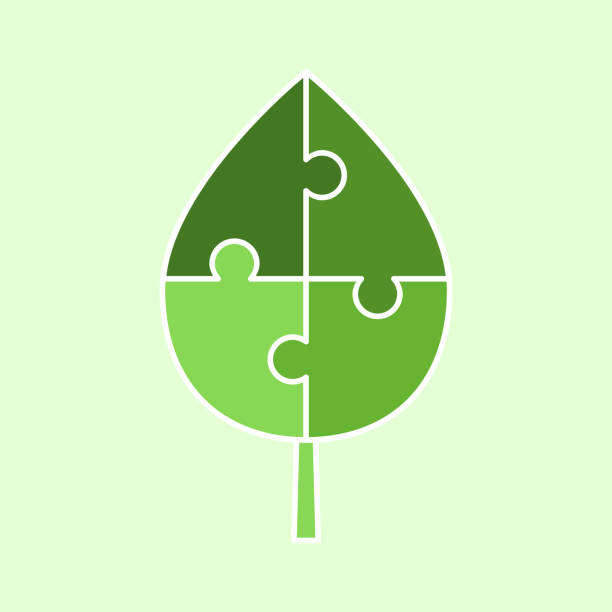 grünes blatt aus puzzleteilen. umwelt- und naturschutzkonzept. - vector leaf tree plant stock-grafiken, -clipart, -cartoons und -symbole