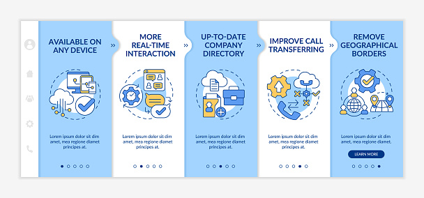 UCaaS benefits blue and white onboarding template. Business process. Responsive mobile website with linear concept icons. Web page walkthrough 5 step screens. Lato-Bold, Regular fonts used