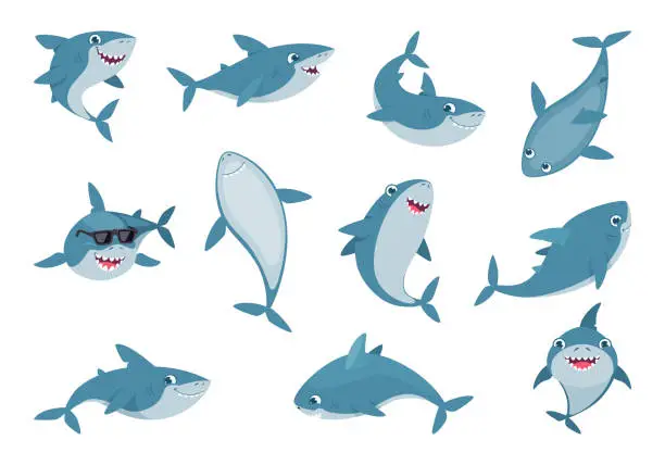 Vector illustration of Ocean shark. Cute wild swimming smiling sharks with big white teeth exact vector cartoon illustrations set