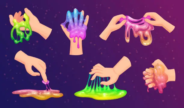 Vector illustration of Slime in hands. Jelly colored squeeze game with colored liquid glue toys exact vector illustrations set isolated