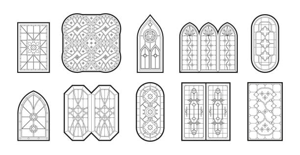 готические окна. вертикальные геометрические большие оконные рамы с католическим мозаичным декором яркие векторные иллюстрации - gothic style castle church arch stock illustrations
