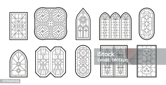 istock Gothic windows. Vertical geometrical big window frames with catholic mosaic decoration garish vector illustrations set 1370461456