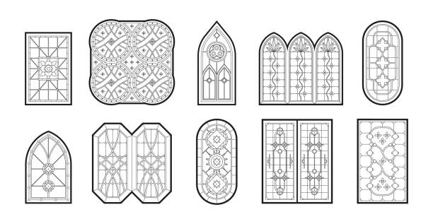Gothic windows. Vertical geometrical big window frames with catholic mosaic decoration garish vector illustrations set vector art illustration