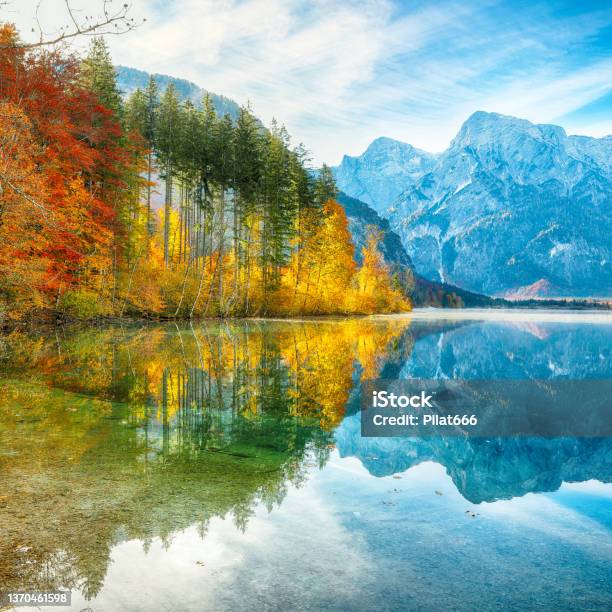 Picturesque Autumn Scene Of Sunny Morning On Almsee Lake Poppular Travell Destination Stock Photo - Download Image Now