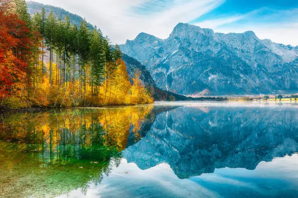 Amazing autumn scene of sunny morning on Almsee lake. Popular travell destination. Location: Almsee lake, Almtal valley, Salzkammergut region, Upper Austria, Austria, Europe.