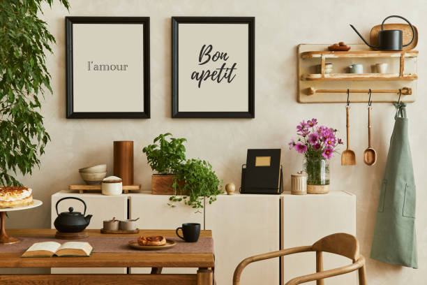 istock Creative and modern dining room interior design with mock up poster frames, family dining table and chair and retro inspired personal accessories and decorations. Template. 