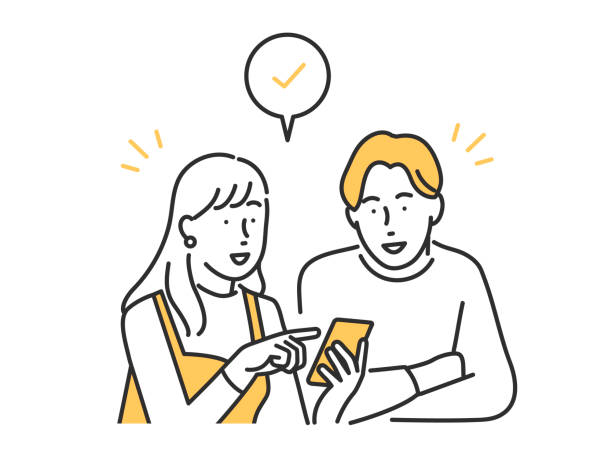 A man and woman couple making an appointment on their phone. A man and woman couple making an appointment on their phone. easy stock illustrations