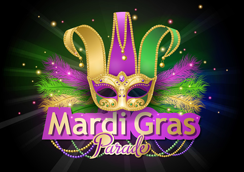 An invitation to the Mardi Gras Parade with Jester Mask, feather and bead necklaces on the colorful light beam background