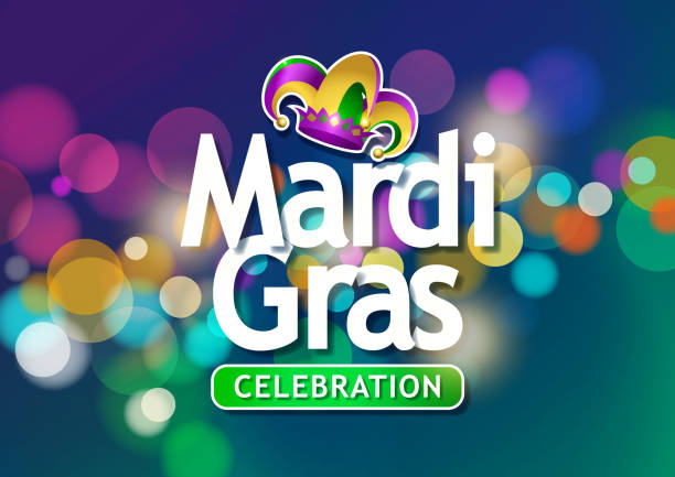 Mardi Gras Celebration An invitation to the Mardi Gras Celebration event with jester's hat and typography on the colorful bokeh lights background new orleans mardi gras stock illustrations