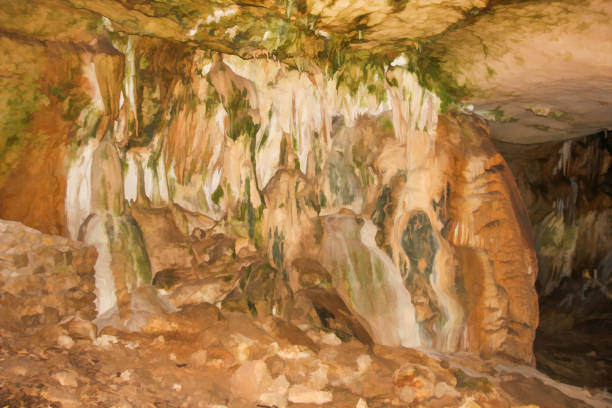 Abstract drawing of an underground cave with stalactites and stalagmites. Limestone karst formation. Travel and vacation concept. Digital painting. Abstract naturalism, relief pattern Abstract drawing of an underground cave with stalactites and stalagmites. Limestone karst formation. Travel and vacation concept. Digital painting. Abstract naturalism, relief pattern. digital underground stock pictures, royalty-free photos & images