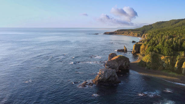 luftaufnahme der hellen morgendämmerung der sachalin cape bird, russland - water rock landscape cliff stock-fotos und bilder