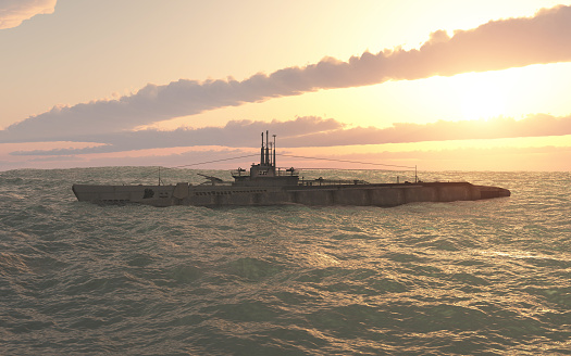 Computer generated 3D illustration with an American submarine of World War II at sunset