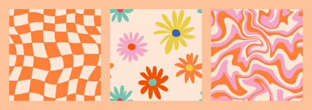 illustrations, cliparts, dessins animés et icônes de 1970 daisy flowers, trippy grid, wavy swirl motif sans couture serti dans des couleurs orange, rose. illustration vectorielle dessinée à la main. style seventies, fond groovy, papier peint. design plat, esthétique hippie. - psychédélique