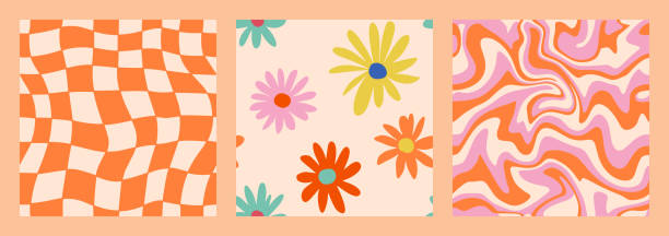 1970 daisy flowers, trippy grid, wavy swirl бесшовный узор, установленный в оранжевых, розовых цветах. рисованная векторная иллюстрация. стиль семидесятых, groov - backgrounds retro revival pattern wallpaper stock illustrations