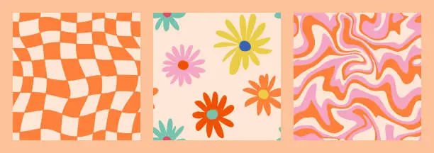 Vector illustration of 1970 Daisy Flowers, Trippy Grid, Wavy Swirl Seamless Pattern Set in Orange, Pink Colors. Hand-Drawn Vector Illustration. Seventies Style, Groovy Background, Wallpaper. Flat Design, Hippie Aesthetic.