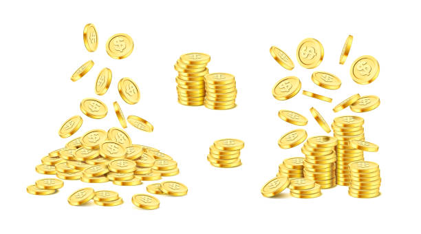 山のドル硬貨の現実的なスタック、お金の下落、貯蓄と利益の象徴。利益と給与、金融資産の預金および利益のベクトル投資または成長。繁栄と富 - abundance点のイラスト素材／クリップアート素材／マンガ素材／アイコン素材