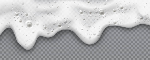 ilustrações de stock, clip art, desenhos animados e ícones de white beer foam liquid from alcoholic beverages and drinks. vector froth from lager or ale, texture with bubbles and splashes, isolated on transparent background. banner or ads poster illustration - espuma
