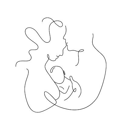 One continuous monoline single drawing line art flat doodle family, mom love dad and baby, mother father. Isolated image hand drawn contour on white background. The concept of happiness