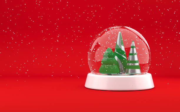 istock Snow globe with firs. Christmas winter concept. Falling snow. cute rounded decorative festive firs on the bright red background. Celebration realistic concept. 3d rendering 1370467406