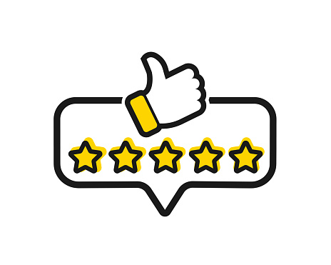 Five stars customer product rating review with thumbs up icon. Modern flat style vector illustration