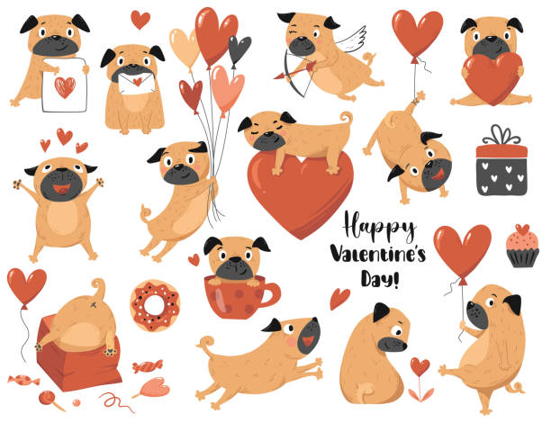Love romantic set. Valentine's day stickers with cute pug. Love romantic set. dog clipart stock illustrations