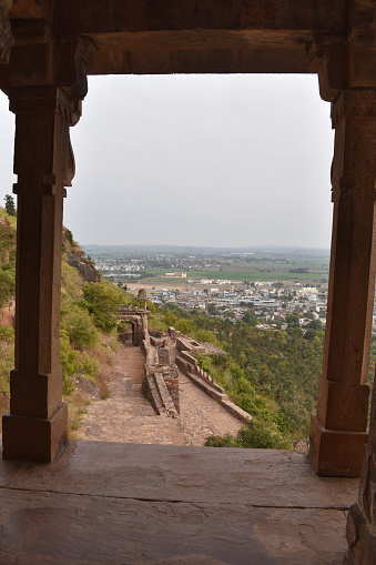 Beautiful view of Delhi Gate and City from the top of Gadi Darwaza, Raisen Fort, Fortification wall, Fort was built-in 11th Century AD, Madhya Pradesh, India.