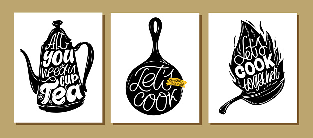 Cute hand drawn doodle lettering postcard about food. Lettering poster about eat, drink, cooking.