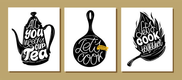 Cute hand drawn doodle lettering postcard about food. Lettering poster about eat, drink, cooking. Cute hand drawn doodle lettering postcard about food. Lettering poster about eat, drink, cooking. skillet stock illustrations