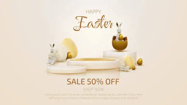 Vector illustration of 3d product display podium and realistic bunny with gold easter egg elements. Banner template design.