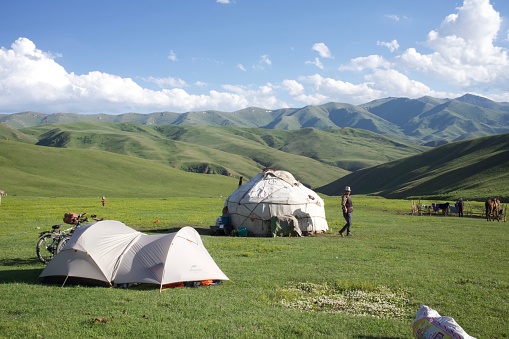 24 July 2021 near the song kol Kyrgyzstan \nKyrgyz nomads tent with camp tent