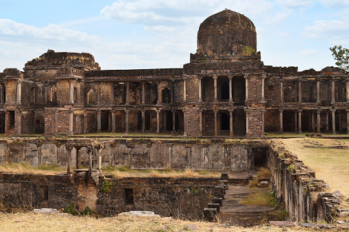 Facade of Badal Mahal and Talab at Raisen fort. This is a protected monument and an ancient heritage, Raisen, Fort was built-in 11th Century AD, Madhya Pradesh, India.