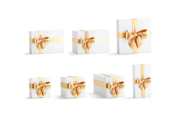 istock Blank white gift box with gold ribbon mockup, different types 1370469979