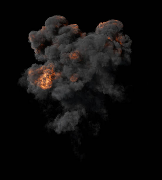 istock Puffy Dense and Grey Smoke Cloud with Orange Explosion parts on black 1370470229