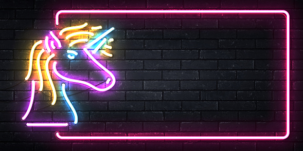 Vector neon sign of unicorn with frame