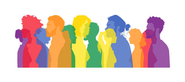 ilustraciones, imágenes clip art, dibujos animados e iconos de stock de personas de colores del arco iris que caminan símbolo de la silueta aislada de la sociedad lgbt. personajes masculinos y femeninos vectoriales que llevan un estilo de vida lésbico u homosexual, personajes de dibujos animados planos de la comunidad transg - multi generation family