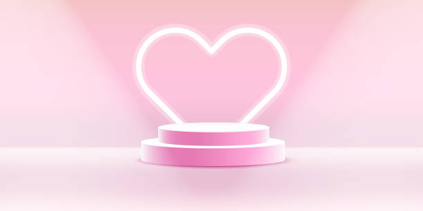 istock Vector realistic podium platform with pink neon heart in abstract stage for product placement and display. 1370471924